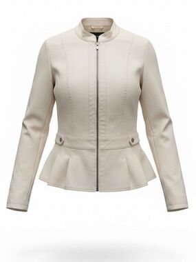 Baccini Ivory Peplum Faux Leather Zip Jacket